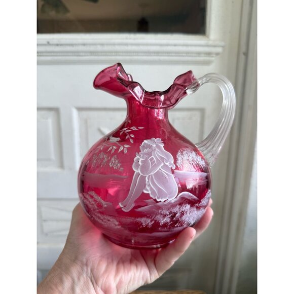 Vintage 90's Fenton Cranberry Ruffle Pitcher Mary Gregory Little Girl - Picture 2 of 11